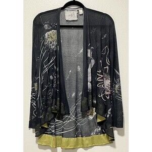 Angel Of The North Cardigan Artsy Design Semi Sheer Silk Trim Size Small Black